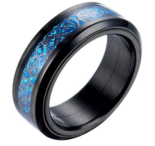PAURO Herren Edelstahl Schwarz Keltische Drache Blau Carbon Faser Inlay Spinner Ring 8mm Band Größe 54 von PAURO