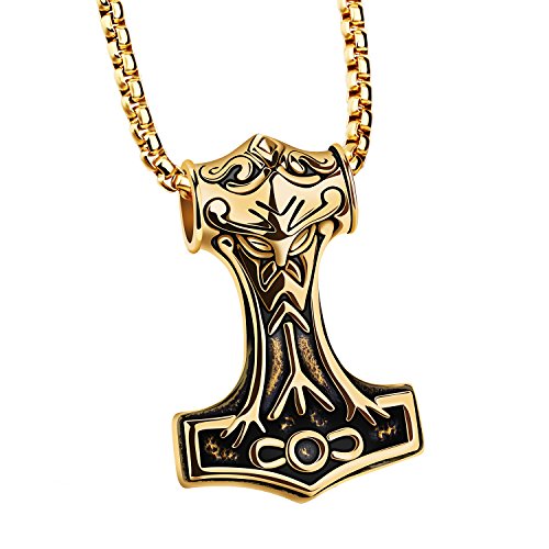 PAURO Herren Edelstahl Thors Hammer Mjolnir Anhänger Halskette Viking Gold mit Kette von PAURO