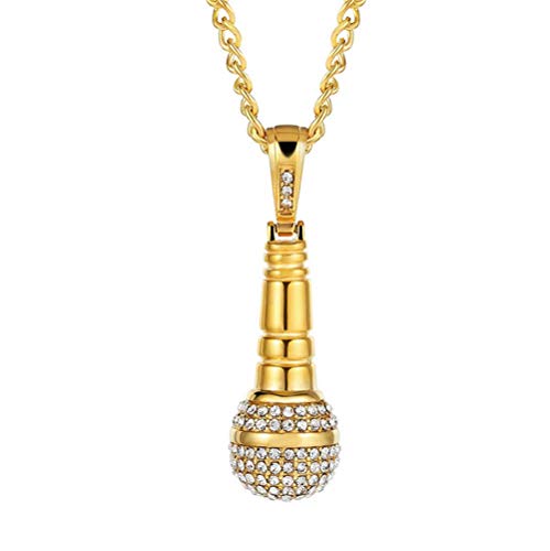 PAURO Herren Edelstahl Hip Hop Diamant CZ Mikrofon Anhänger Charme Halskette Mit Kette 24", Gold Klein von PAURO