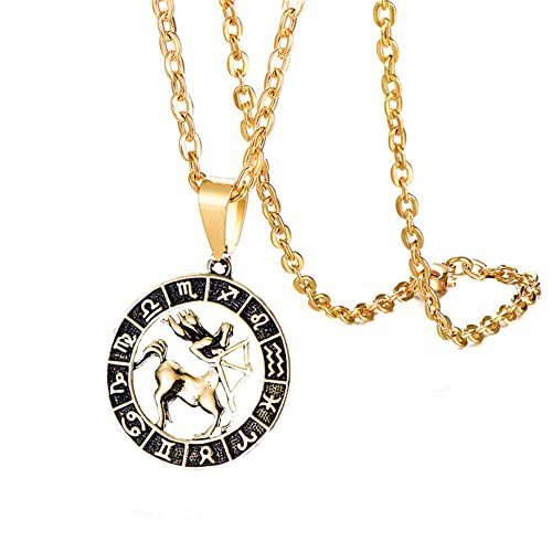 PAURO Herren Edelstahl Vintage Kreative 12 Konstellationen Runde Siegel Zodiac Halskette Gold Schwarz Schütze von PAURO