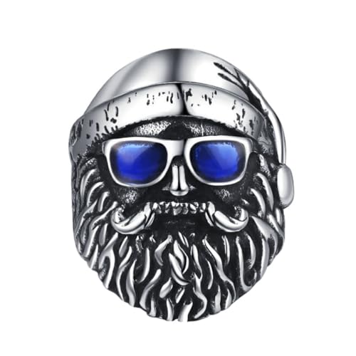 PAURO Herren Edelstahl Vintage Punk Hip Hop Süße Blaue Sonnenbrille Hut Bärtiger Opa Ring Silber Größe 57 (18.1) von PAURO