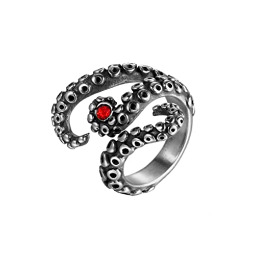 PAURO Herren Edelstahl Vintage Punk Octopus Tentakeln Inlay Rot Zirkonia Biker Ring Silber Schwarz Größe 65 von PAURO