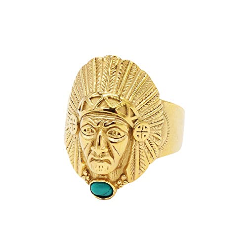 PAURO Herren Edelstahl Vintage Tribal Indian Indian Chief Ring Mit Türkis Stein Gold Größe 68 (21.6) von PAURO