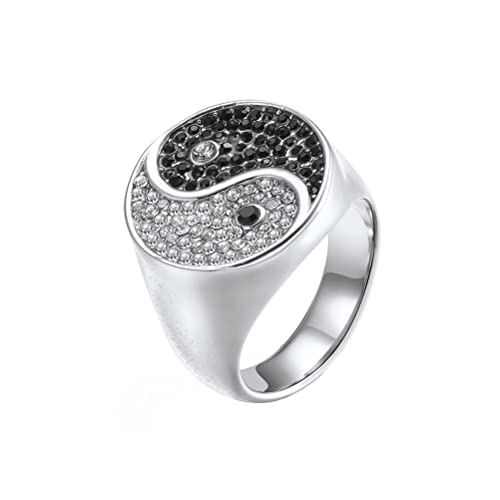PAURO Herren Edelstahl Yin Yang Tai Chi Gossip Ring mit silbernen und schwarzen Zirkonia für Cocktailpartys Silberne Größe 68 (21.6) von PAURO