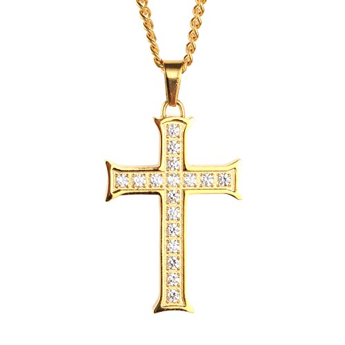 PAURO Herren Edelstahl Zirkonia Micro Pave Kreuz Anhänger Halskette Gold von PAURO