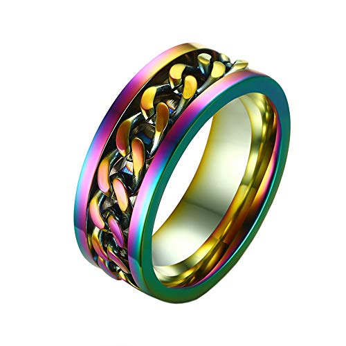 PAURO Herren Ring 8MM Edelstahl Biker Kette Drehung Zappeln Cool Punk Felsen Band Regenbogen Größe 62 von PAURO