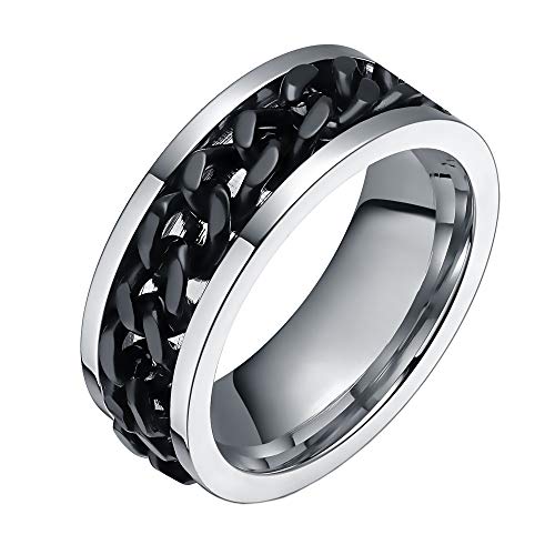 PAURO Herren Ring 8MM Edelstahl Biker Kette Drehung Zappeln Cool Punk Felsen Band Silber&Schwarz Größe 75 von PAURO
