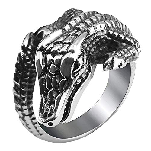PAURO Herren Silber Schwarz Retro Hip Hop Herrschsüchtig Krokodil Biker Ring Edelstahl Größe 60 (19.1) von PAURO
