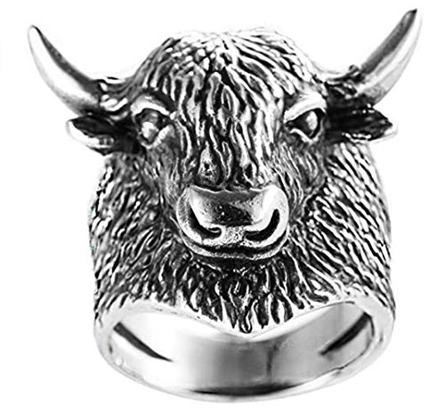 PAURO Herren Stier Stier Kopf Biker Ring Silber Schwarz Jahrgang Edelstahl Tier Schmuck Größe 60 von PAURO