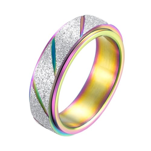 PAURO Herren und Damen Edelstahl 6MM Sandgestrahlt Schräg Gravur Glücklich Entspannung Drehbar Ring Regenbogen Größe 60 (19.1) von PAURO
