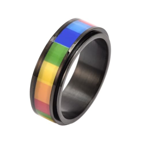 PAURO Herren und Damen Edelstahl 8MM Drehbar Lindert Angst Glücklicher Wunsch Regenbogen Ring Schwarz Größe 54 (17.2) von PAURO