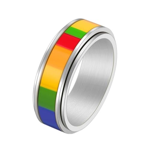 PAURO Herren und Damen Edelstahl 8MM Drehbar Lindert Angst Glücklicher Wunsch Regenbogen Ring Silber Größe 52 (16.6) von PAURO