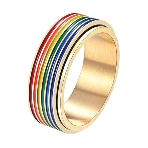 PAURO Herren und Damen Edelstahl 8MM LGBTQ Stolz Glücklich Regenbogen Drehbar Paar Ring Gold Größe 68 (21.6) von PAURO