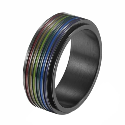 PAURO Herren und Damen Edelstahl 8MM LGBTQ Stolz Glücklich Regenbogen Drehbar Paar Ring Schwarz Größe 65 (20.7) von PAURO