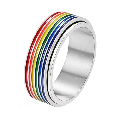PAURO Herren und Damen Edelstahl 8MM LGBTQ Stolz Glücklich Regenbogen Drehbar Paar Ring Silber Größe 60 (19.1) von PAURO