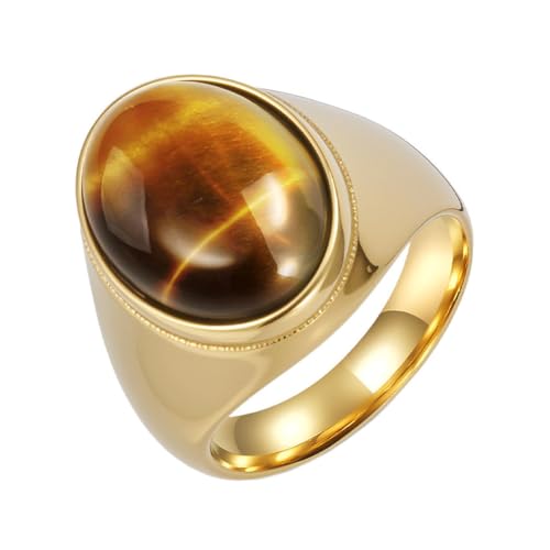 PAURO Herren und Damen Edelstahl Antik Personalisiert Poliert Eiförmiger Braun Edelstein Ringe Gold Größe 57 (18.1) von PAURO