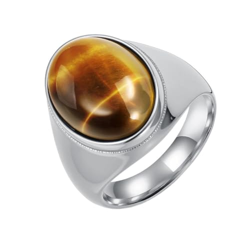 PAURO Herren und Damen Edelstahl Antik Personalisiert Poliert Eiförmiger Braun Edelstein Ringe Silber Größe 65 (20.7) von PAURO