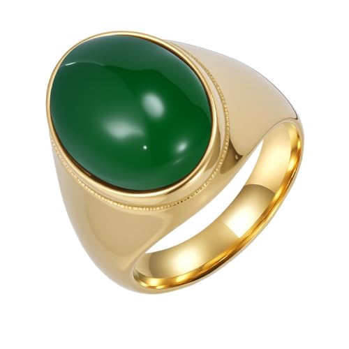 PAURO Herren und Damen Edelstahl Antik Personalisiert Poliert Eiförmiger Grün Edelstein Ringe Gold Größe 62 (19.7) von PAURO