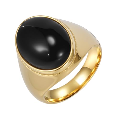 PAURO Herren und Damen Edelstahl Antik Personalisiert Poliert Eiförmiger Schwarz Edelstein Ringe Gold Größe 68 (21.6) von PAURO