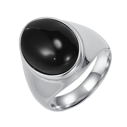 PAURO Herren und Damen Edelstahl Antik Personalisiert Poliert Eiförmiger Schwarz Edelstein Ringe Silber Größe 62 (19.7) von PAURO