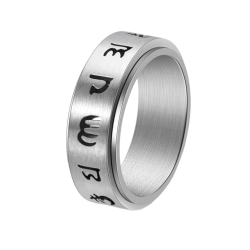 PAURO Herren und Damen Edelstahl Chinesischer Stil Tibetisches Glücksamulett 6-Wort-Mantra Drehbarer Finger Ringe Silber Größe 60 (19.1) von PAURO