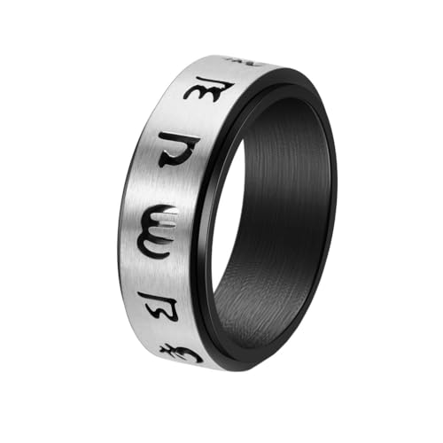 PAURO Herren und Damen Edelstahl Chinesischer Stil Tibetisches Glücksamulett 6-Wort-Mantra Drehbarer Finger Ringe Silber Schwarz Größe 62 (19.7) von PAURO
