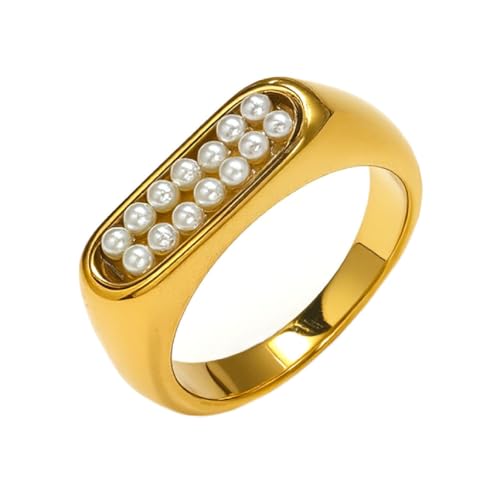 PAURO Herren und Damen Edelstahl Einfach Edel mit Zwei Reihen Simulierter Perlen Ring Gold Größe 60 (19.1) von PAURO
