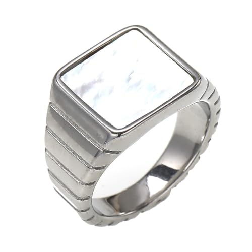 PAURO Herren und Damen Edelstahl Einfachheit Punk Rechteckig Simulierte Perlmuscheln Ring Silber Größe 57 (18.1) von PAURO