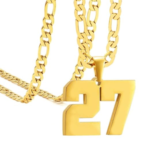 PAURO Herren und Damen Edelstahl Klassisch Einfach Personalisierte Athletennummer Sport Halskette Gold Nummer 27 von PAURO