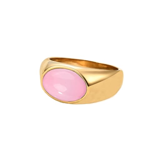 PAURO Hommes Femmes Edelstahl Minimalistische Retro Oval Achat Siegel Ringe Statement Schmuck Gold Rosa Größe 54 (17.2) von PAURO