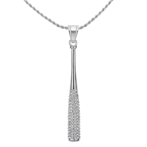 PAURO Männer Frauen Halskette Hip Hop mit Twist Chain mit Strasssteinen Baseballschläger Anhänger Halskette Silber von PAURO