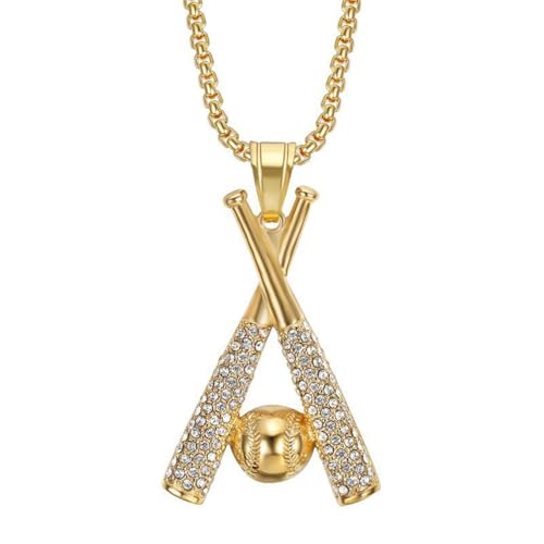 PAURO Männer Frauen Halskette Hip Hop mit einer Reihe von Strasssteinen Zwei Baseballschläger Anhänger Halskette Gold von PAURO