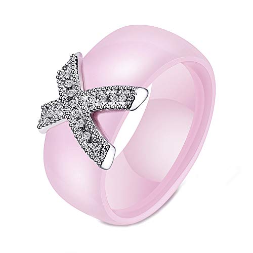 PAURO Paar Ring Keramik Zirkonia X 8MM Breit Hochzeit Band Komfort Fit Rosa Größe 60 von PAURO
