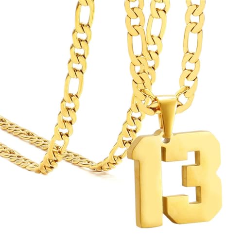PAURO Unisex Edelstahl Einfach Klassisch Personalisierte Nummer Sportler Nummer Anhänger Sport Halskette Gold 13 von PAURO