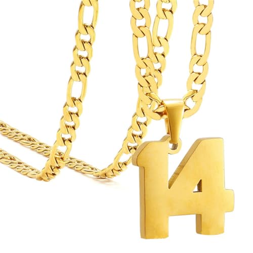 PAURO Unisex Edelstahl Einfach Klassisch Personalisierte Nummer Sportler Nummer Anhänger Sport Halskette Gold 14 von PAURO