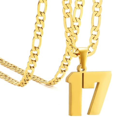 PAURO Unisex Edelstahl Einfach Klassisch Personalisierte Nummer Sportler Nummer Anhänger Sport Halskette Gold 17 von PAURO