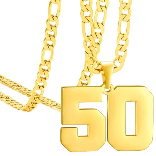 PAURO Unisex Edelstahl Einfach Klassisch Personalisierte Nummer Sportler Nummer Anhänger Sport Halskette Gold 50 von PAURO