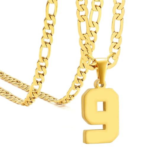PAURO Unisex Edelstahl Einfach Klassisch Personalisierte Nummer Sportler Nummer Anhänger Sport Halskette Gold 9 von PAURO