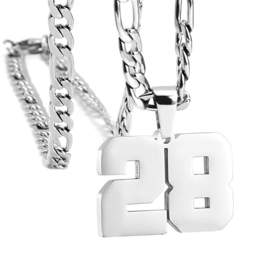 PAURO Unisex Edelstahl Einfach Klassisch Personalisierte Nummer Sportler Nummer Anhänger Sport Halskette Silber 28 von PAURO