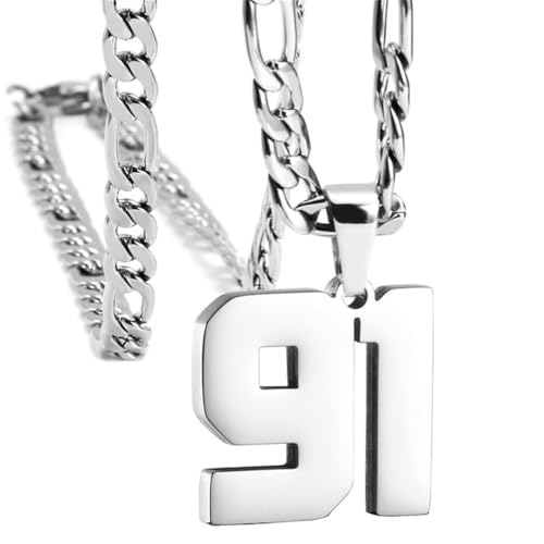 PAURO Unisex Edelstahl Einfach Klassisch Personalisierte Nummer Sportler Nummer Anhänger Sport Halskette Silber 91 von PAURO