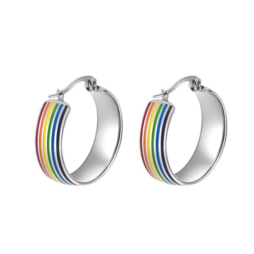 PAURO Unisex Edelstahl Einfaches LGBT Design Modell Persönlichkeit Ohrring Silber Regenbogen von PAURO