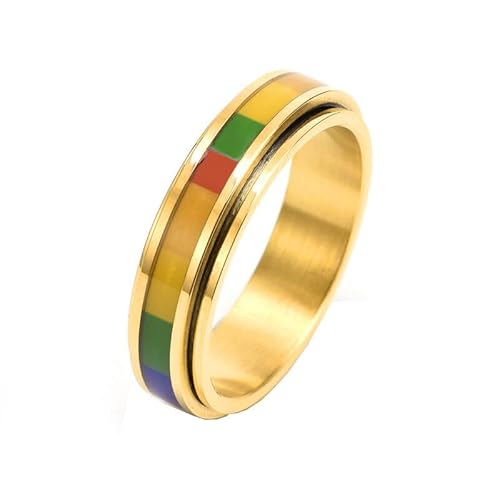 PAURO Unisex Edelstahl Rotierbarer Regenbogen-Flagge LGBT Pride Ring für Schwule Lesben 6MM Gold Größe 62 (19.7) von PAURO