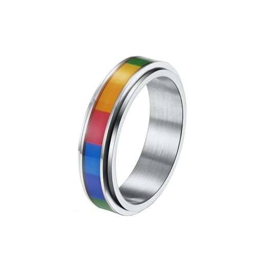 PAURO Unisex Edelstahl Rotierbarer Regenbogen-Flagge LGBT Pride Ring für Schwule Lesben 6MM Silber Größe 62 (19.7) von PAURO