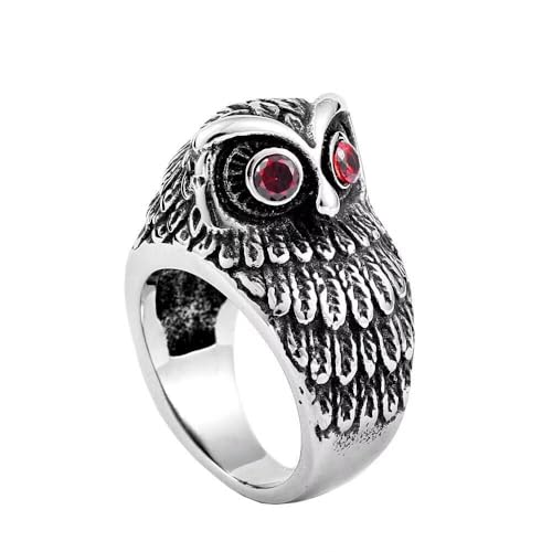 PAURO Unisex Edelstahl Vintage Gothic Eulen Ring Statement Hip Hop Edelstein Ring Silber Größe 70 (22.3) von PAURO