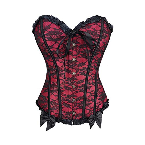 PAUSUNA Damen Schnürschuh Floral Lace Red Burlesque Basque Bustier Shaper Overbust Black Corsage Top, Blumenspitze rot, 38 von PAUSUNA