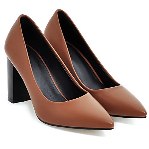 PAUVADAY Chunky Heels Pumps für Frauen Closed Pointed Toe High Heel Ohne Verschluss Block Heels Dress Buro Schuhe für Frauen Brown Size 38 von PAUVAODY