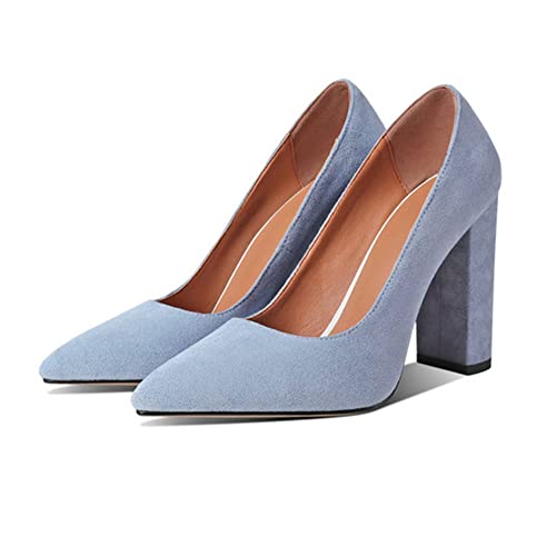 PAUVADAY Chunky Heels Pumps für Frauen Closed Pointed Toe High Heel Ohne Verschluss Block Heels Dress Buro Schuhe für Frauen Lighe Blue Size 42 von PAUVAODY