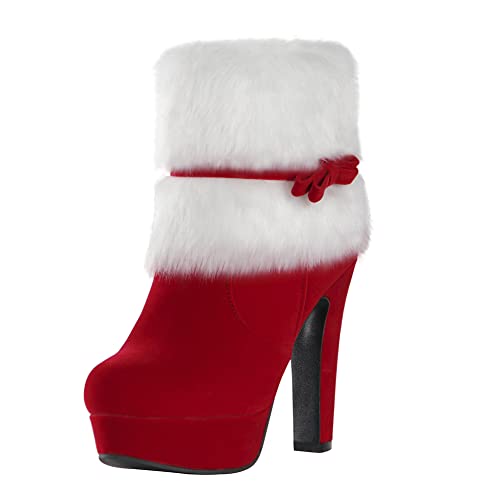 PAUVAODY DaHerren Christmas Knöchel Stiefel Side Zipper Winter Fell Lined Heeled Stiefeletten Block Plateau Heels Christmas Abend Schuhe Red Size 40 von PAUVAODY