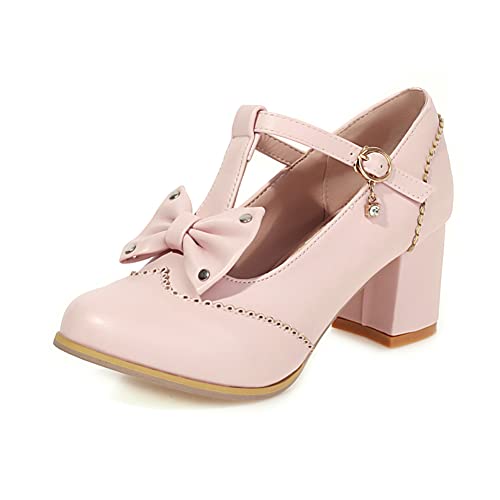 PAUVAODY DaHerren Chunky Heels Bogen Pumps Low Heel Kitten Heel Geschlossen T- Strap Heeled Sandalen Damen Casual Arbeit Schuhe Lack Pink Size 48 von PAUVAODY