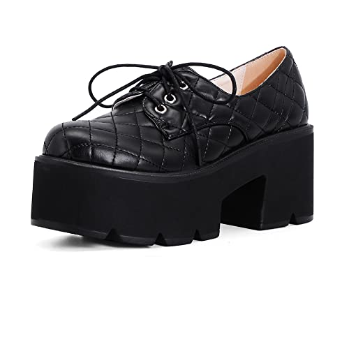 PAUVAODY DaHerren Klassischer Schnüren Plateau Chunky Mid-Heel Oxfords Dress Pump Schuhe Uniform Dress Lolita Wedge Pumps Big Size für M?nner Black Size 38 von PAUVAODY